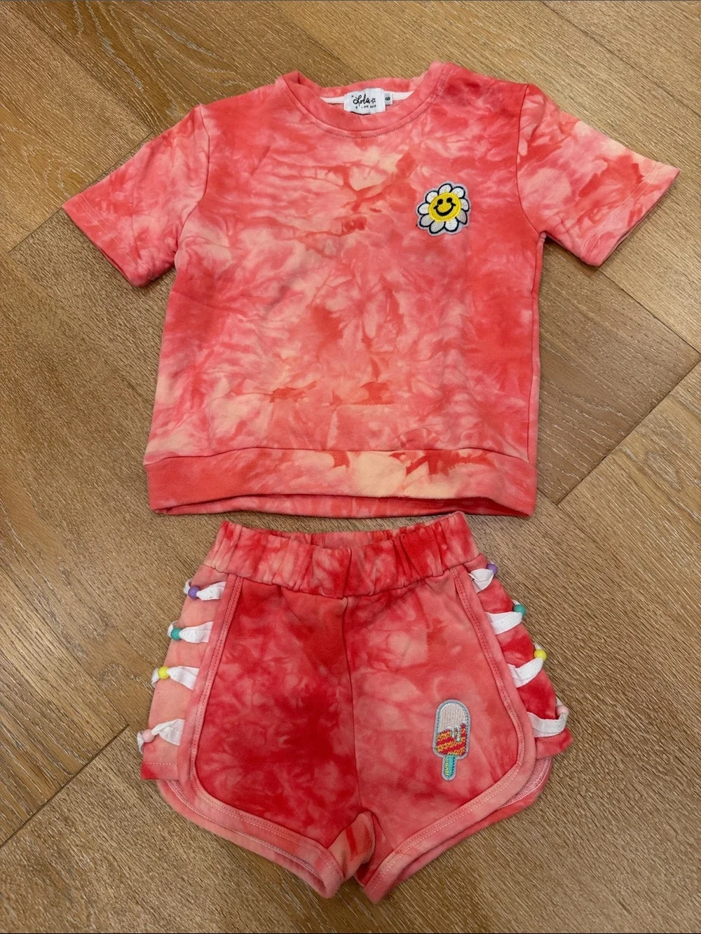 Tie-Dye Coral Kids Short Set with Daisy Patch